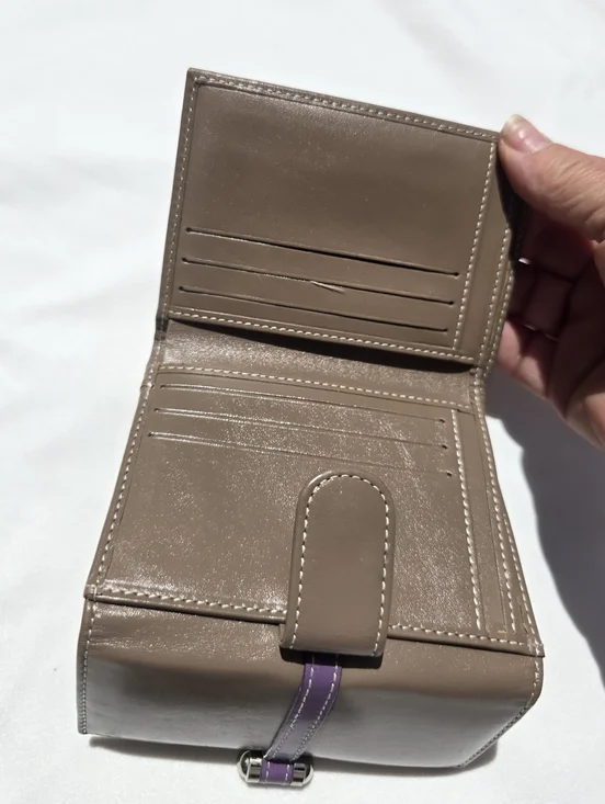 Levenger Wallet Bifold Smooth Taupe Purple Leather Snap Closure Coin Pocket - Picture 12 of 16
